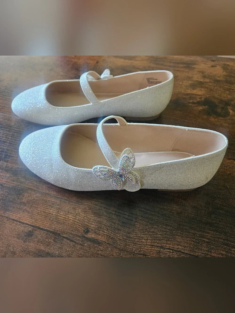 Cupcake Couture Sparkly Silver Mary Jane Shoes with Butterfly Accent Size 4